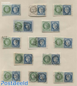 Album page with 26 stamps, various cancellations, on pieces of covers, all mixed franchisements