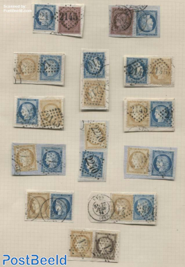 Album page with 26 stamps on pieces of covers, various cancellations, all mixed franchisements