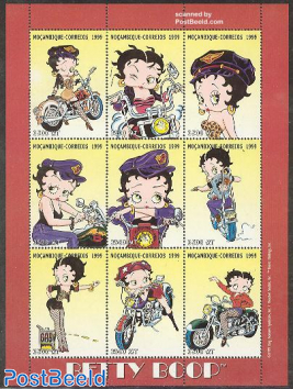 Stamp 1999, Mozambique Betty Boop 9v m/s (biker-girl), 1999