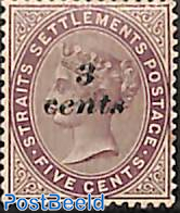Straits Settlements, 3 cents on 5c, unused, tiny brown spot