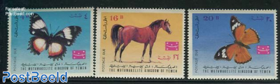 Postage due, butterflies/horse 3v