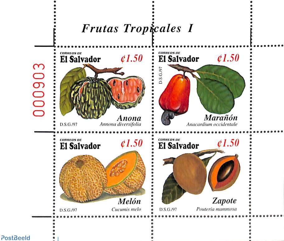 FRUITS　1998 Stamp 1997, El Salvador Tropical fruits 4v m/s, 1997 - Collecting