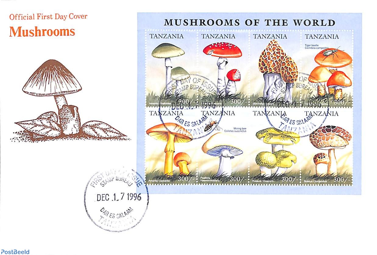 Stamp 1996, Tanzania Mushrooms, insects 8v m/s, Amanita Phalloides