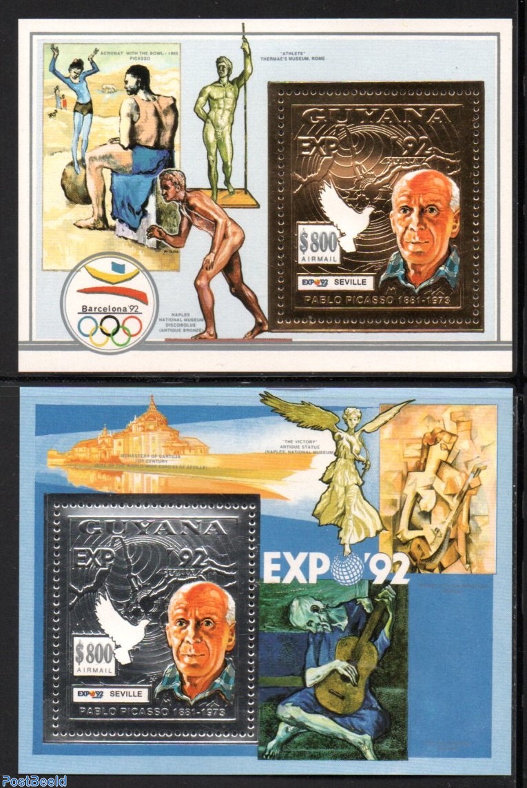 GUYANA 1992 Pablo PICASSO EXPO 92 Seville Michel 2 x  3988 B  Silver/Silver Imp 